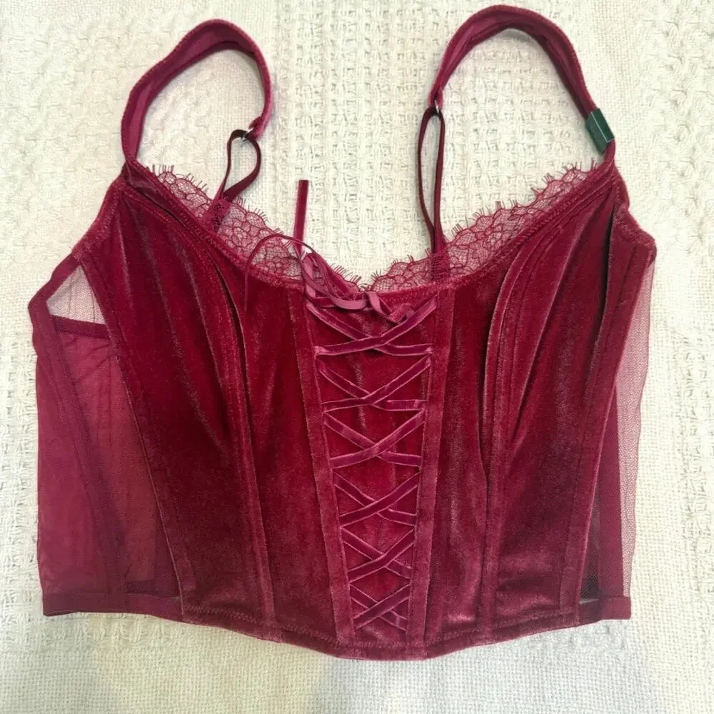 Victoria's Secret small Dream Angels faux lace up velvet corset BC 3186
